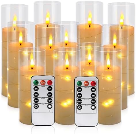 12 Pack Acrylic Flameless Candles,with Embedded Star String, Battery Operated Candles Flickering LED Pillar Candles with Remote Control and Timer, Ideal for Indoor/Outdoor Decor,Wedding,BBQ and Gift. by fclayvts