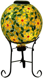 Alpine Corporation 10" Diameter Outdoor Solar Floral Mosaic Glass Gazing Globe with Metal Stand, Gazing Balls Yard Decor, 17" H - Yellow by Unknown