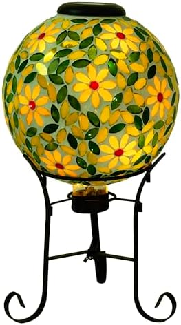 Alpine Corporation 10" Diameter Outdoor Solar Floral Mosaic Glass Gazing Globe with Metal Stand, Gazing Balls Yard Decor, 17" H - Yellow by Unknown