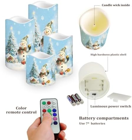 Christmas Snowman Flameless Candles with Timer and Remote Christmas Candles Battery Candles Flickering Set of 4 Indoor Christmas Decorations for Home Fireplace Dining Room - Image 3