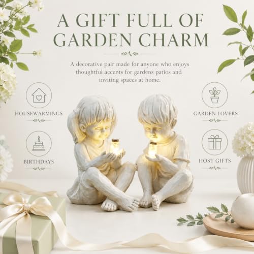 Large Garden Children Statues Light Up Firefly Jar Solar Powered | Set of 2 Figurines | Girl & Boy Garden Yard Art Décor, Indoor & Outdoor Ornament Gifts for Lawn, Patio , 7.5" W x11. 8”H Cream Gift - Image 4