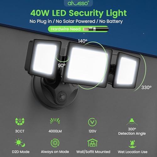 ALUSSO Outdoor Lighting, 120V 40W 4000LM Dusk Till Dawn Outdoor Light, 3000K/4000K/6000K 3CCT IP65 3 Heads Security Lights Dusk to Dawn for House Garage Yard Walkway Deep Black - Image 2