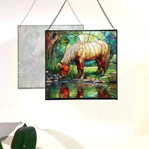 Palomino Rocky Mountain Horse grazing beside shallow stream Square Suncatcher –Stained Glass Style Window Panel with Pastoral Scene, Custom Decorative Hanging Art for Equestrian Home, Christmas cmdrvG - Image 4