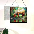 Palomino Rocky Mountain Horse grazing beside shallow stream Square Suncatcher –Stained Glass Style Window Panel with Pastoral Scene, Custom Decorative Hanging Art for Equestrian Home, Christmas cmdrvG - Image 4