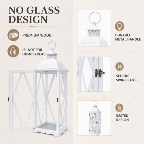 Perfnique Farmhouse Outdoor Lanterns for Patio, Set of 2 White Rustic Lanterns Decor, Vintage Hanging Candle Holder Decorative for Porch, Garden, Yard, Indoor (No Glass) - Image 2