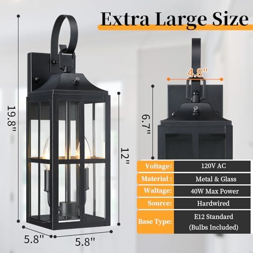 Bdrofn 2 Pack 19" Large Outside Modern Wall Sconce Light Fixture, Industrial Porch Light Wall Mount with Glass, Waterproof Farmhouse Exterior Lamp Lighting Bulbs Included - Image 3