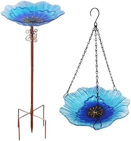 hogardeck 2 in 1 Floral Glass Bird Bath & Feeder - Hanging or Freestanding Outdoor Bird Bath with Sturdy 5-Pronged Base for Garden, Patio, Yard, Lawn Decor by HOGARDECK