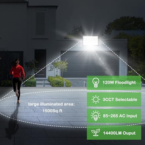 3 Pack 120W Flood Lights Outdoor, 3CCT 3000/4500/6000K Selectable Floodlight Outside Light, 14400LM Super Bright IP66 Waterproof Security Lamps for Backyard Garage Garden - Image 6