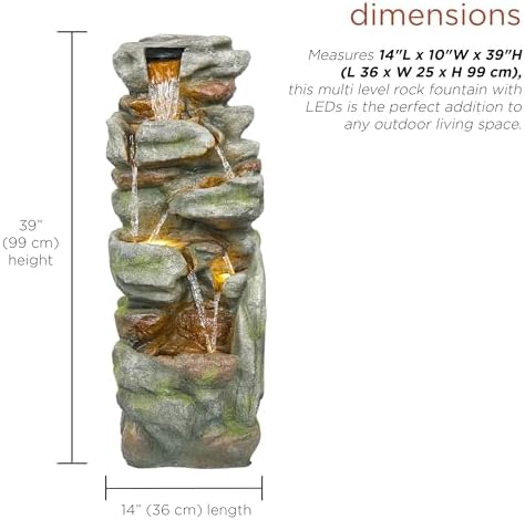 Alpine Corporation 39" Tall Outdoor Mult-itiered Elegant Rock Look Waterfalls Floor Fountain with LED Lights, Gray - Image 4