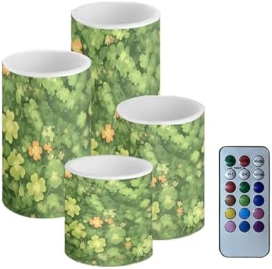 Set of 4 Flameless Candles with Remote St Patrick's Day Shamrocks LED Candles with Timer Flickering Battery Operated Elictric Pillar Lights for Indoor Outdoor Porch Home Decor by Merkmak