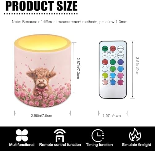 Valentines Day Flickering Flameless Candles with Remote and Timer Battery Operated Candles Pink Rose Highland Cattle Print 4Pcs LED Pillar Tea Lights for Home Decor - Image 3