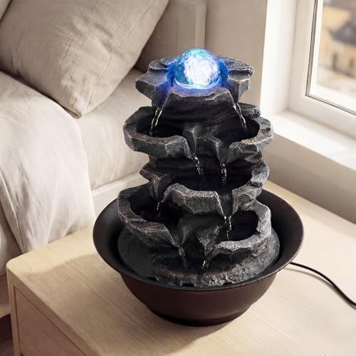 Giantex Tabletop Water Fountain with Rotating Crystal Ball & LED Lights, Tiered Rock Waterfall with Pump, Zen Meditation Desktop Decor for Office, Home Relaxation (Stacked Rock Cascade) - Image 2