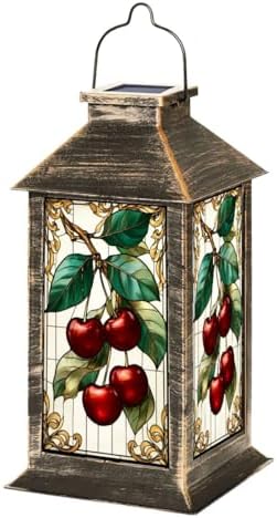 Solar Lantern Outdoor Garden Hanging Lantern Stained Glass Cherry Branch Green Leaves Red Fruit Vintage Style Waterproof Solar Powered Lighting Outside Table Lamp for Patio Deck Yard Camping by Unknown