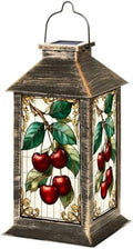 Solar Lantern Outdoor Garden Hanging Lantern Stained Glass Cherry Branch Green Leaves Red Fruit Vintage Style Waterproof Solar Powered Lighting Outside Table Lamp for Patio Deck Yard Camping by Unknown