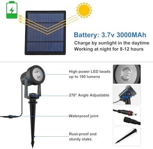Solar Spot Lights Outdoor, 4-in-1 Solar Landscape Spotlight Waterproof 9.8ft Cable, 5W 3000mAh, Dusk to Dawn Auto ON/Off Adjustable Wall Lights for Yard, Ground, Garden, Pool, Lawn (Cold White) - Image 4