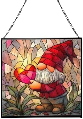 Valentine Gnome Hug Stained Glass Suncatcher – Square Hanging Window Panel for Home or Greenhouse – Whimsical Glass Art Gift for Garden Lovers, Christmas, Halloween, Father Days PHaf2k by Custom