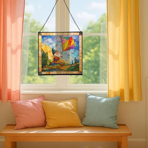 Gnome with Kite Flight Stained Glass Suncatcher – Square Hanging Window Panel for Home or Greenhouse – Whimsical Glass Art Gift for Garden Lovers, Christmas, Halloween, Father Days uL8KsZ - Image 5