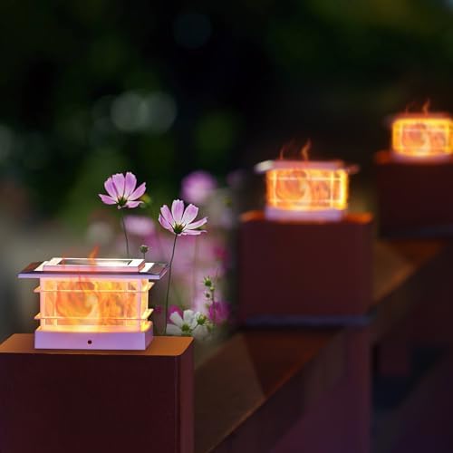 Dynaming 8 Pack Solar Post Cap Lights Outdoor with Flickering Flame Light, White Shell Fence Post Solar Lights Fit 4x4 5x5 Vinyl/Wooden Posts, Brightness LED Lighting Decor for Garden Deck Patio - Image 6