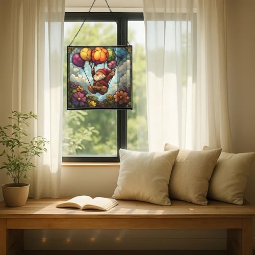 Flower Balloon Lift Gnome Stained Glass Suncatcher – Square Hanging Window Panel for Home or Greenhouse – Whimsical Glass Art Gift for Garden Lovers, Christmas, Halloween, Father Days 6a0pyd - Image 7
