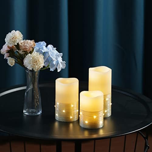 H-BLOSSOM Flickering Flameless Candles Ivory Real Wax Pillar with Embedded String Lights LED Candles Battery Operated with 10 Key Remote and Cycling 5H Timer Set of 3 (3" x 4"/5"/6") (Gold) - Image 4