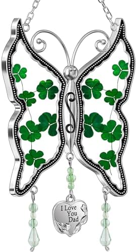 KY&BOSAM St Patrick's Day Shamrock Butterfly Suncatchers I Love You Dad Gifts Ornament Glass Irish for Windows Hanging Wind Chiem with Real Flower Wings Brithday Gifts for Dad Father`s Day Christmas by KYBOSAM