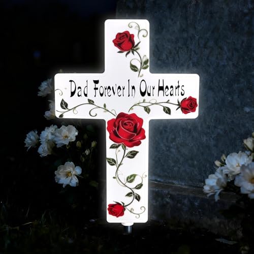 Solar Cross Light, Rose Flower Dad Grave Decorations for Cemetery by MoonWinks
