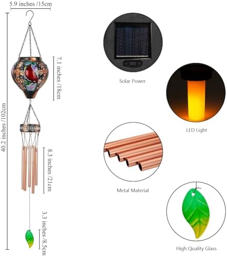 Starsoul Solar Wind Chimes for Outside, Cardinal Hot Air Balloon with Flickering Flame Solar Wind Chime, Glass Windchimes Outdoors Garden Decor, Gift for Mother's Day Mom Grandma - Image 2