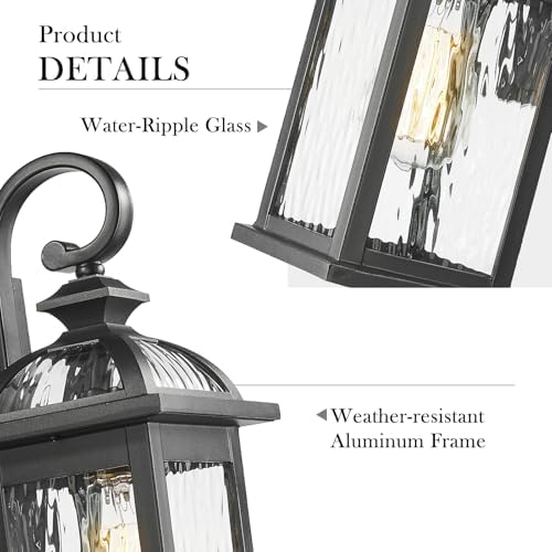 Darkaway Outdoor Lights Fixture Wall Mount, Exterior Wall Light with Water Ripple Glass Waterproof Black Outside Wall Sconce for House Porch Hallway Garage - Image 3