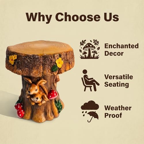 Brown Outdoor Garden Mushroom Stool with Rabbit Carvings - Image 5