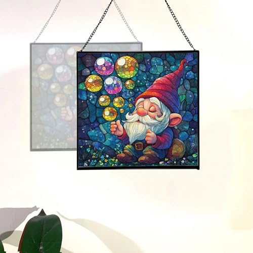 Gnome with Soap Bubbles Stained Glass Suncatcher – Square Hanging Window Panel for Home or Greenhouse – Whimsical Glass Art Gift for Garden Lovers, Christmas, Halloween, Father Days uZVOjS - Image 4