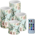 4Pcs Flameless Candles with Remote and Timers Flickering Battery Operated Candles Outdoor Flameless LED Pillar Lights for Beach Wedding Coastal Home Decorations, Floral Hummingbird by Merkmak
