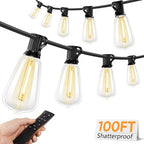Brightever LED Outdoor String Lights with Remote, 100FT Commercial Grade Waterproof Outdoor Patio Lights, 30+2 ST38 Dimmable Edison Bulbs, 2700K Warm White Rope Light for Outside, Low Voltage 24V by Brightever