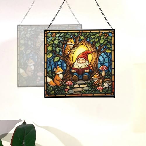 Forest Reading Gnome Stained Glass Suncatcher – Square Hanging Window Panel for Home or Greenhouse – Whimsical Glass Art Gift for Garden Lovers, Christmas, Halloween, Father Days EHxYe2 - Image 4