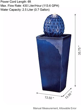 Glitzhome Ceramic Outdoor Water Fountain with LED Light, Oversized Artichoke Pedestal Water Fountains with Submersible Pump, Patio Fountain Waterfall for Garden Patio Deck Porch, Cobalt Blue, 35.75" H - Image 3
