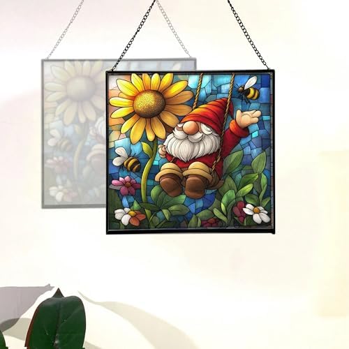 Gnome and Daisy Swing Stained Glass Suncatcher – Square Hanging Window Panel for Home or Greenhouse – Whimsical Glass Art Gift for Garden Lovers, Christmas, Halloween, Father Days T6RMkB - Image 4