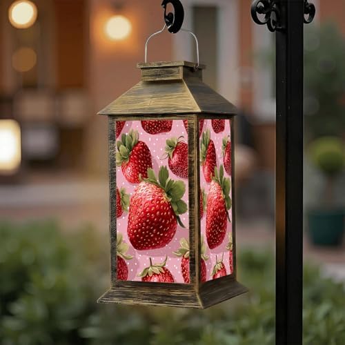 Solar Lantern Outdoor Waterproof Strawberry Polka Red Seamless Strawberry Strawberry Pink Strawberry Garden Decor LED Hanging Solar Lights Tabletop Lamp Gifts for Women Mom Outside Yard Patio Porch by DERUINVAIO