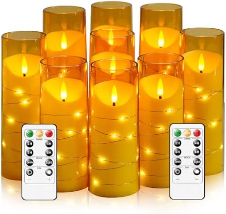 Eebuss Flameless Candles with Embedded Star String, Battery Operated LED Pillar Candles with Timer and Remote Control,Home Decorating for Ambiance， Set of 9 (Gold) by Eebuss