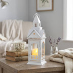 TRIROCKS Rustic Style Metal Candle Lantern 13'' High Decorative Outdoor Lantern Candle Holder with Tempered Glass House Shape for Home Living Room Garden Patio Parties Indoors Outdoors (White) by TRIROCKS