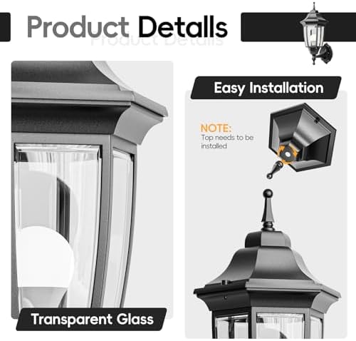 EMART Outdoor Front Porch Light with Bulb, Wall Lamp Fixture(2 Pack, Black) - Image 4