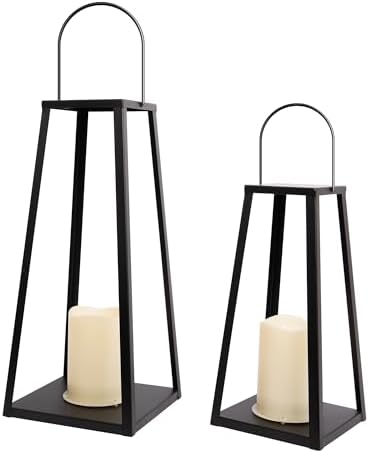 HPC Decor 2PCS Solar Lanterns for Outdoor Decor-20in 15.6in Black Metal Candle Lanterns w/ Waterproof Solar Powered Candles- Modern Farmhouse Hanging Decor for Front Porch,Yard Garden Patio by HPCDECOR