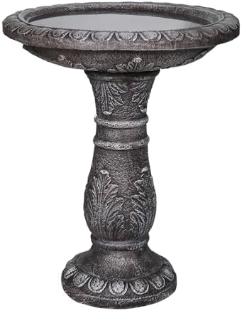 SunJet 24.4” H x 20” Dia Outdoor Birdbath with Intricate Floral Carvings Pedestal - Fibre Reinforced Concrete Birdbaths, Vintage Design for Garden Decor & Bird Attraction - Image 5