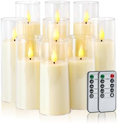 Amagic Ivory Flameless Candles with Remote, Battery Operated Candles with Timer, Acrylic Plexiglass Flickering LED Fake Candle for Wedding, Holiday, Home Decor, Set of 9, D2.2 x H5 6" 7" by AMAGIC