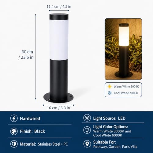 Hardwired Outdoor Bollard Light, Black Stainless Steel Cylinder Lamp - Image 2