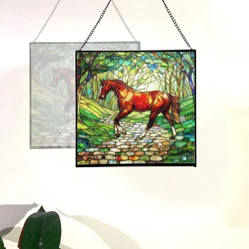 Chestnut Standardbred Horse Trotting Down Hillside Road Square Suncatcher – Stained Glass Style Window Panel with Pastoral Scene, Custom Decorative Hanging Art for Equestrian Home, Christmas gld8kR - Image 4