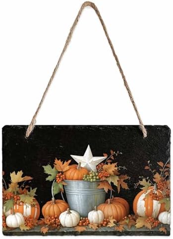 Fall Welcome Wall Hanging Sign- Pumpkin Star Fruits Maple Leaf Black Slate Hanging Plaques for Front Door Porch Window Farmhouse Garden 5.1" x 7.9" Wall Home Decor by EwdeWwo