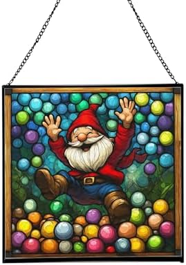 Ball Pit Gnome Joy Stained Glass Suncatcher – Square Hanging Window Panel for Home or Greenhouse – Whimsical Glass Art Gift for Garden Lovers, Christmas, Halloween, Father Days ShgGAQ by Custom