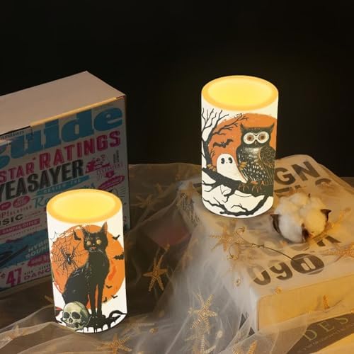 Halloween Owl Print Battery Operated Candles with Timers Flameless Candles with Remote for Halloween Gifts Black Cat LED Lights for Indoor Outdoor Party Home Decorations - Image 6
