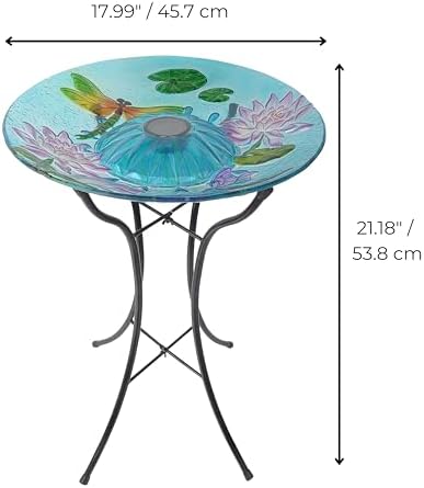 Teamson Home Handpainted Dragonfly Fusion Glass Solar Birdbath Bowl Feeder with LED Light for Outdoor Patio Garden Backyard Decking Decor, 21 Inch Height, Light Blue - Image 3