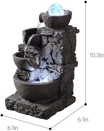 Indoor Tabletop Fountain with 4-Tier Stone Bowls, Rolling Crystal Ball & LED Lights – Tranquil Waterfall Decor for Home, Office or Zen Space (23066) - Image 4