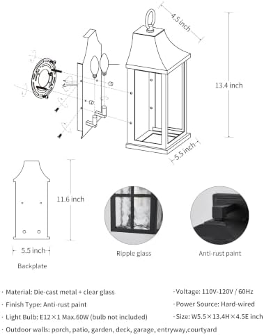 Patio Wall Light Fixtures, Black Waterproof Outdoor Wall Sconce 2pcs - Image 5